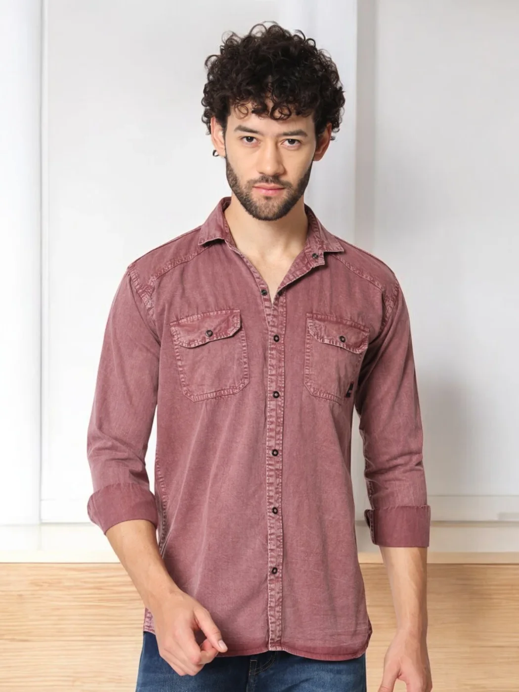 Double one men solid casual maroon shirt
